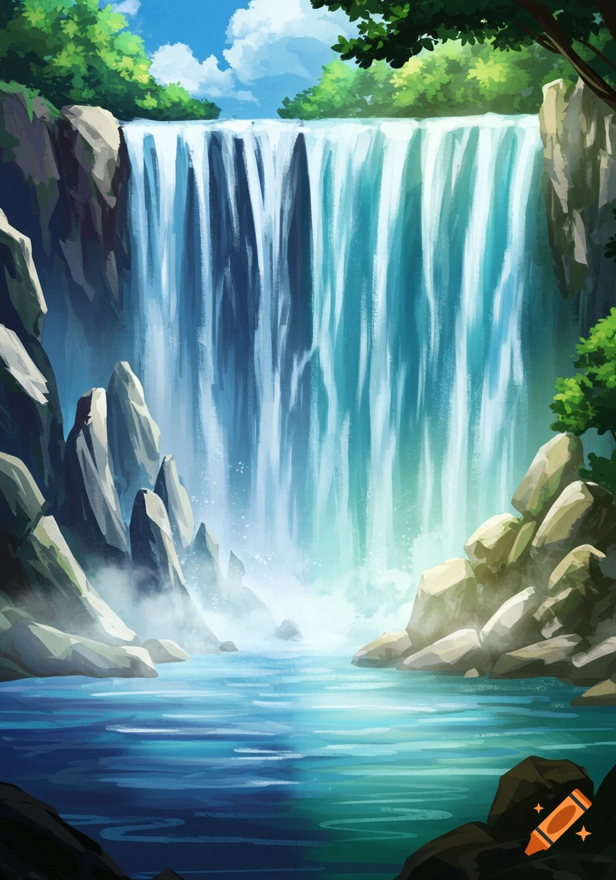 A large waterfall cascades down rocky cliffs into a calm pool below. Trees line the top.