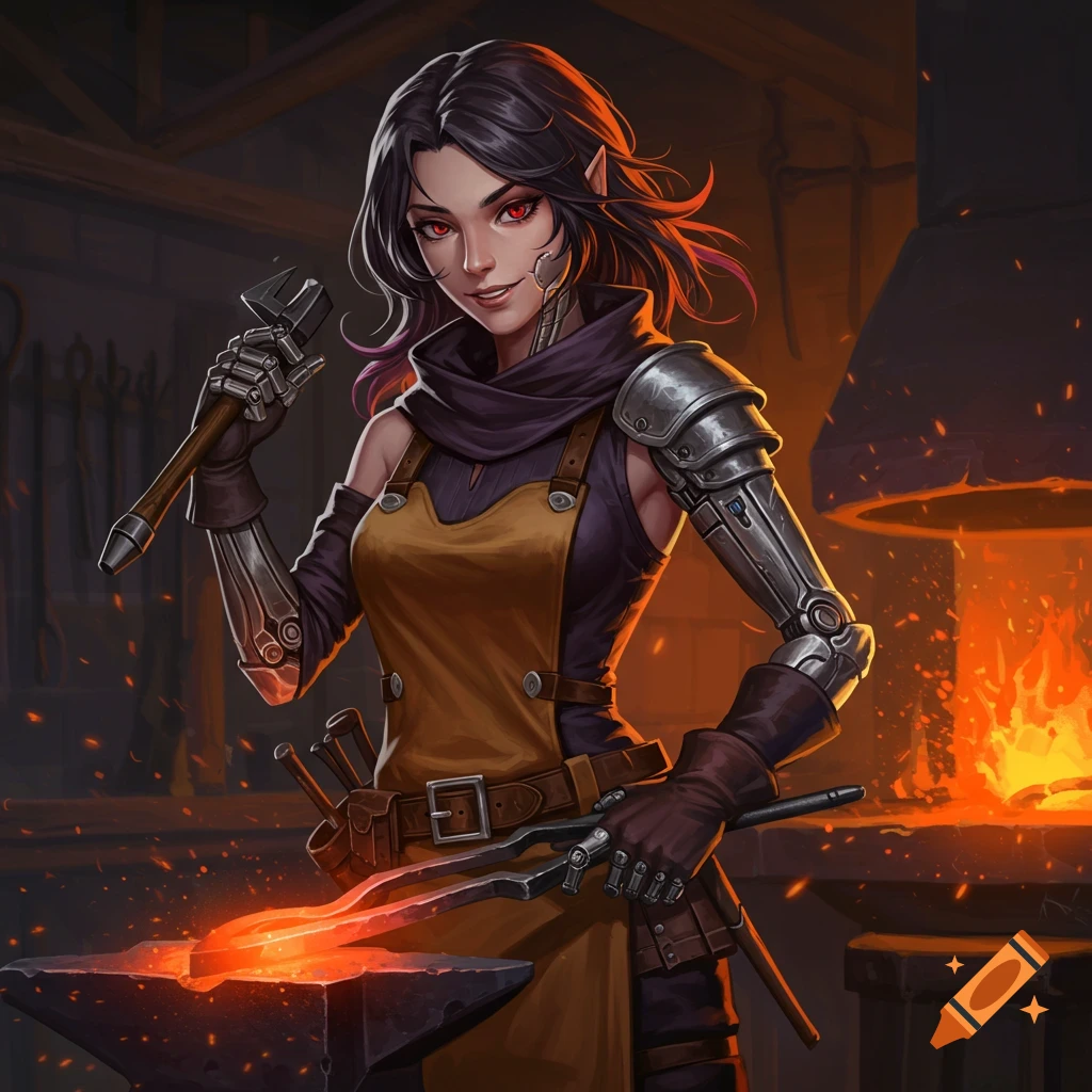 An anime-style fantasy woman with red eyes and a cybernetic arm works as a blacksmith.