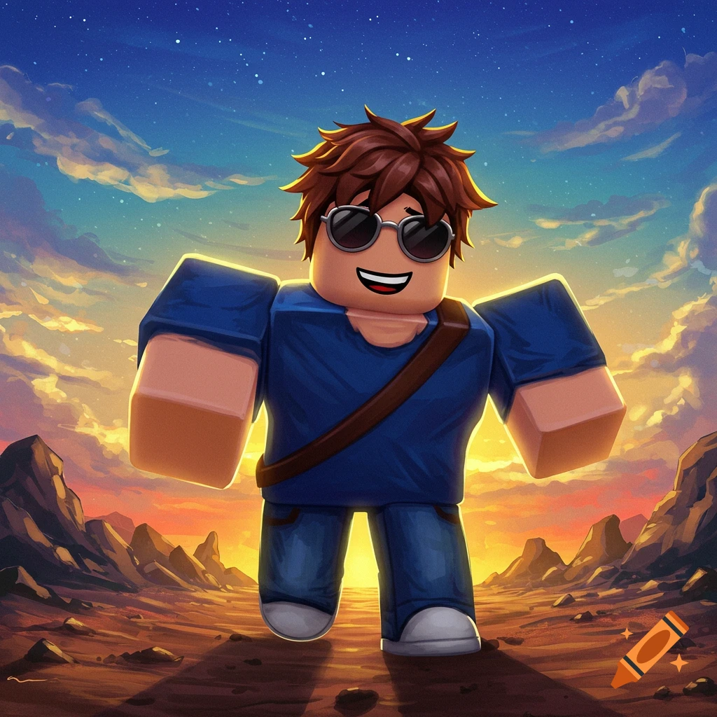 Roblox character in sunglasses standing in a rocky landscape at sunset ...