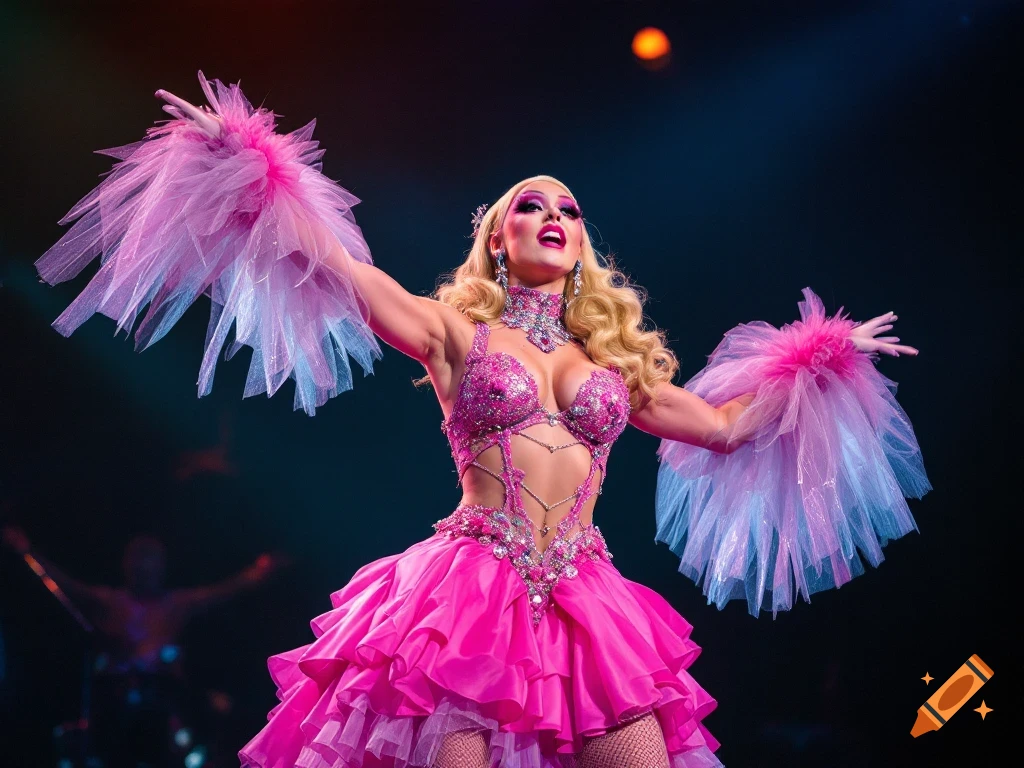 A drag queen in a pink costume performs on stage.