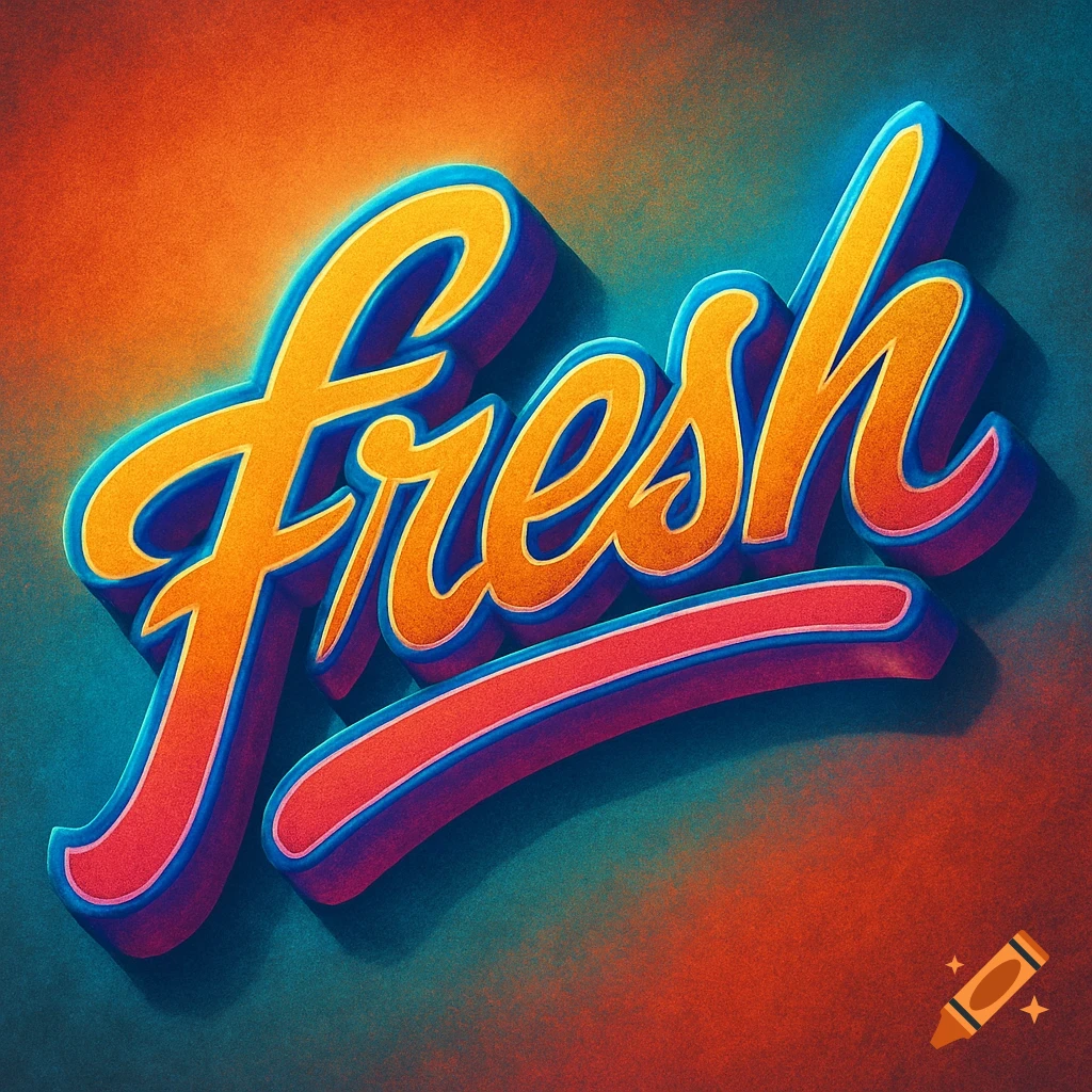 Retro 1980s style lettering spelling 'fresh' with a shadow effect on a gradient background.
