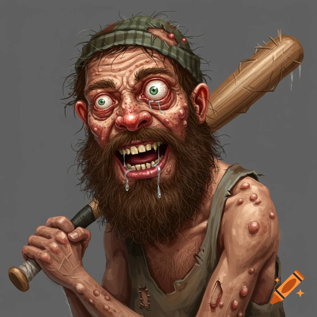 Grotesque, bug-eyed man with beard and warts, drooling and smiling maniacally while holding a baseball bat.