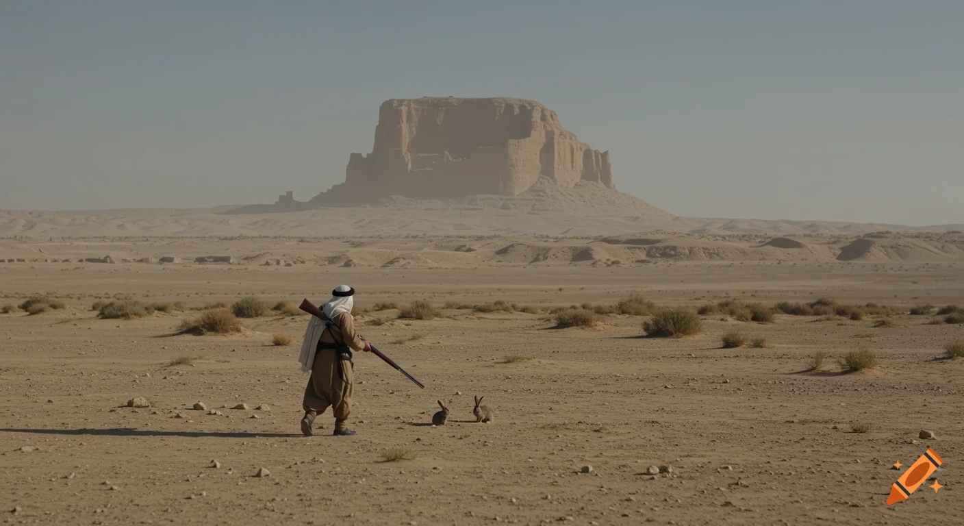 Person with rifle hunting rabbits in a desert landscape.