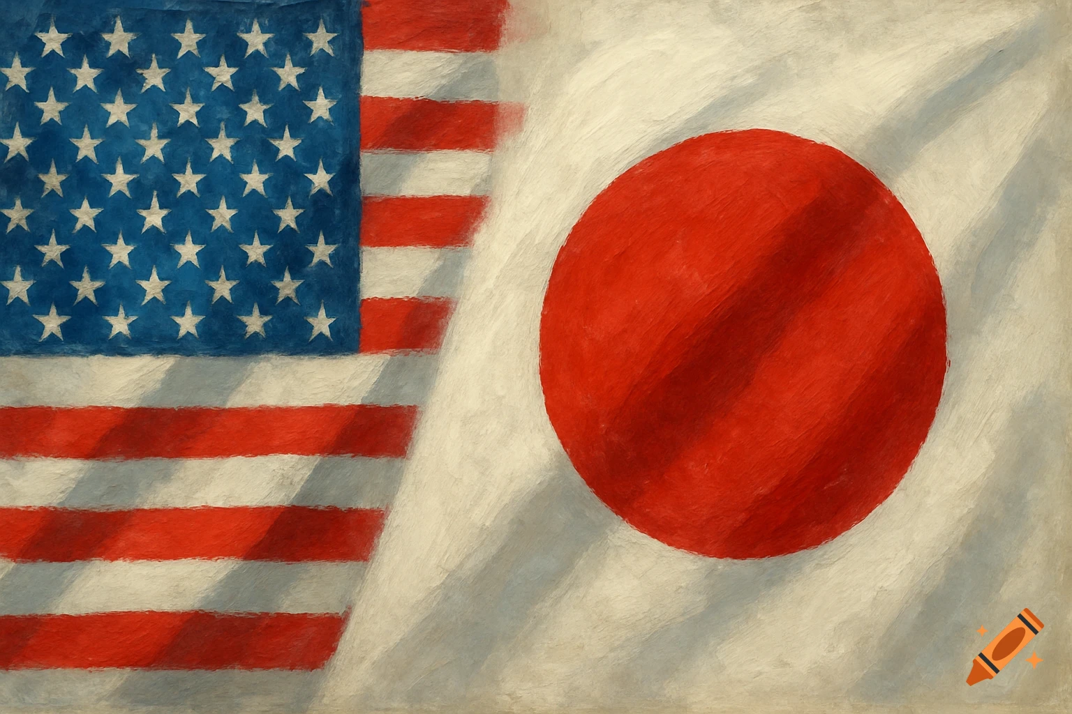 The flags of the United States and Japan together in a textured painting style.