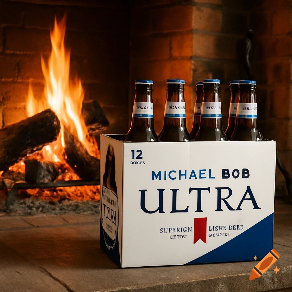 A 12-pack case of 'Michael Bob Ultra' beer sits on a hearth in front of a roaring fire in a fireplace.