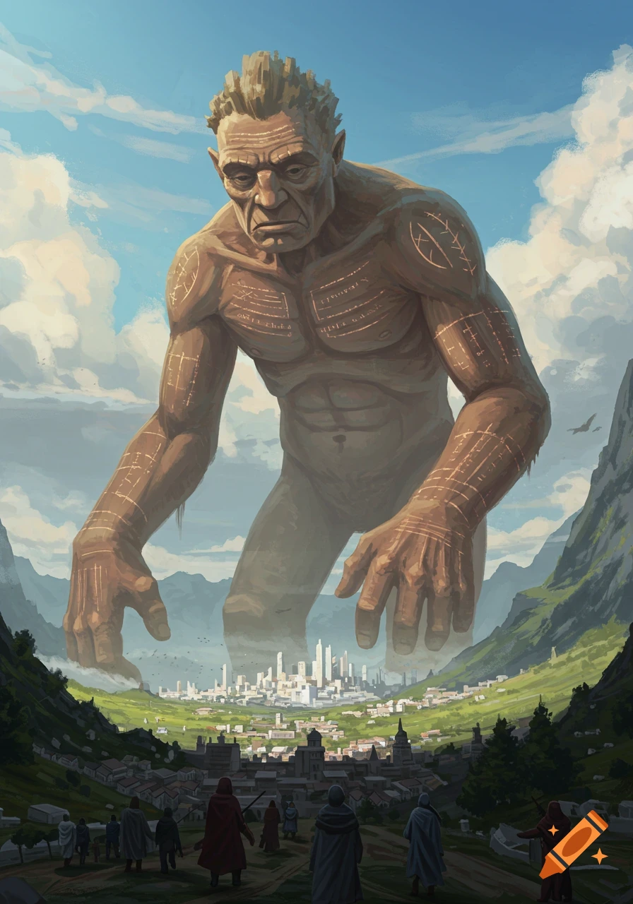 A giant figure stands over a valley and city as tiny people look up. Digital painting.