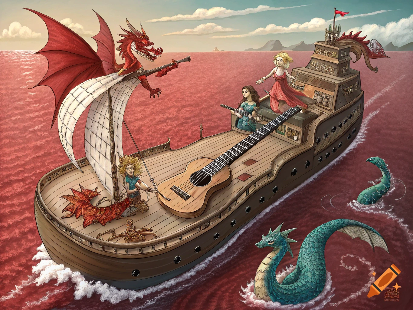 Cartoon illustration of a guitar-shaped boat on a red sea with a red dragon, people, and teal sea monsters.