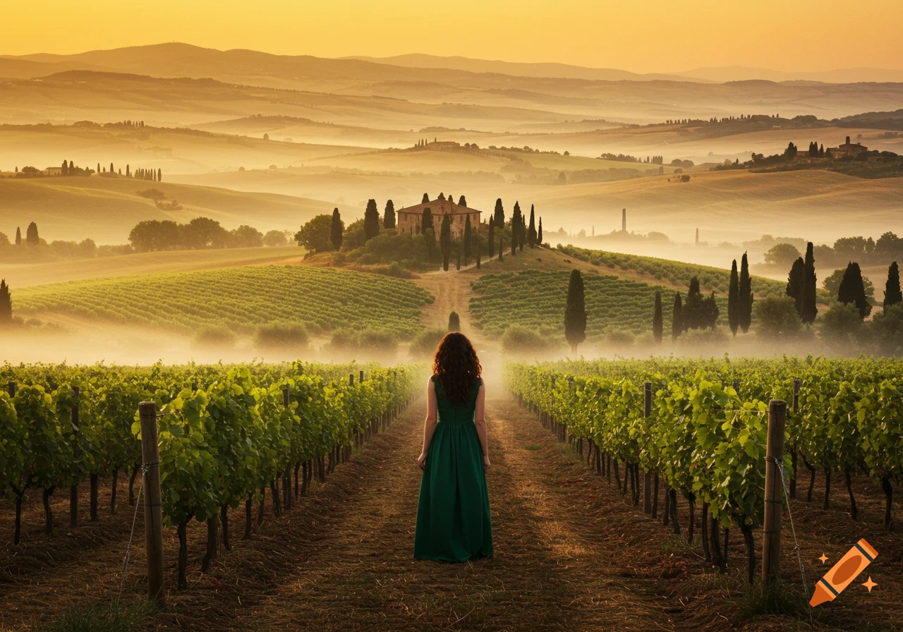 A woman in a green dress stands in a vineyard looking at a misty Tuscan landscape with a villa at sunrise.