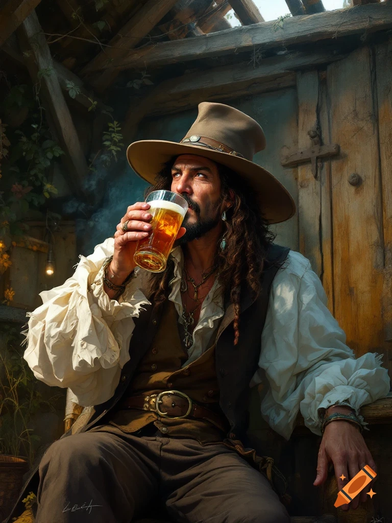 A pirate man drinking beer in a rustic tavern.