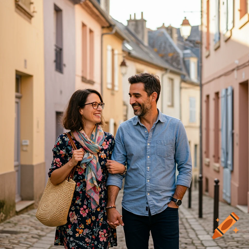 A smiling couple walks arm-in-arm down a narrow cobblestone street lined with pastel buildings.