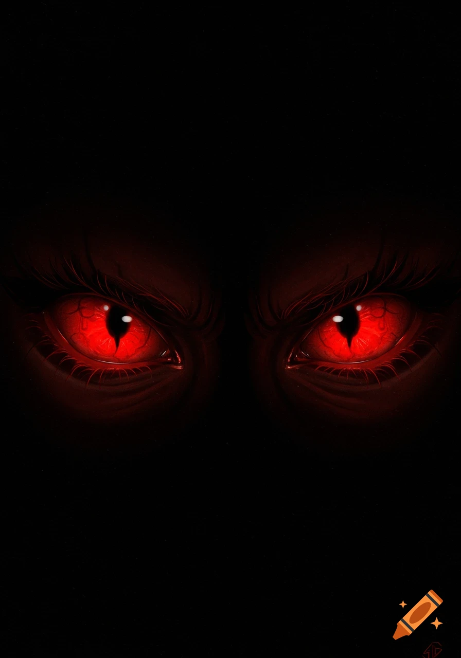 Close-up of two red glowing evil eyes in the dark.