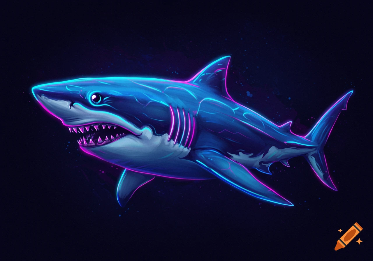 A stylized shark outlined in vibrant blue and pink neon lines against a dark background.