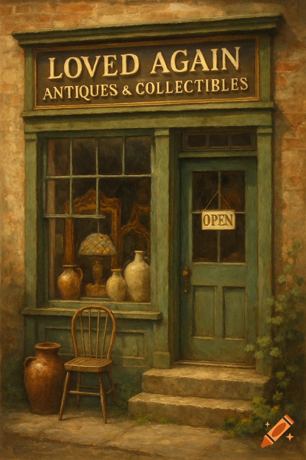Painting of the exterior of a shop named Loved Again Antiques & Collectibles