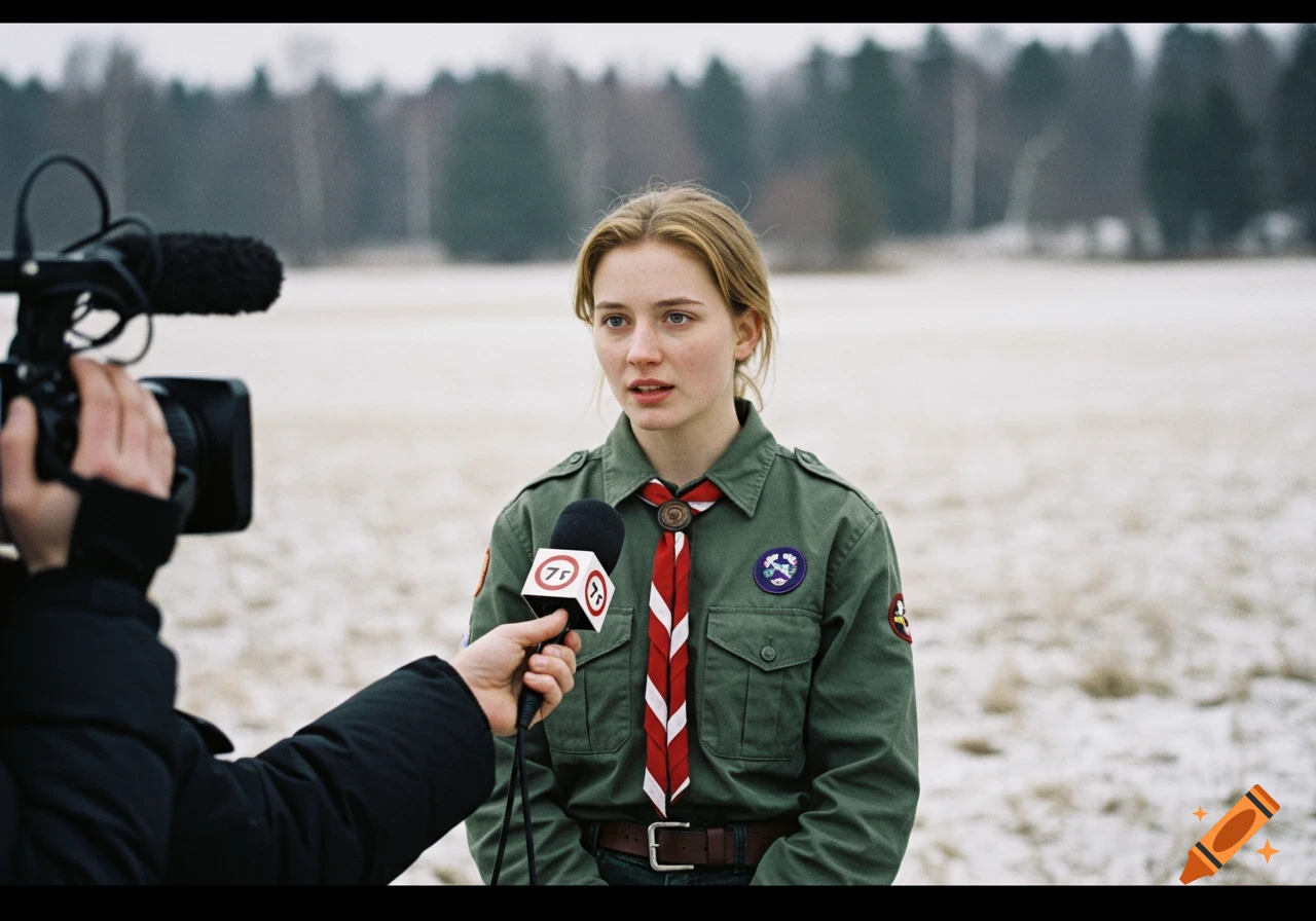 A young woman in a scout uniform is interviewed outdoors by a reporter holding a microphone.