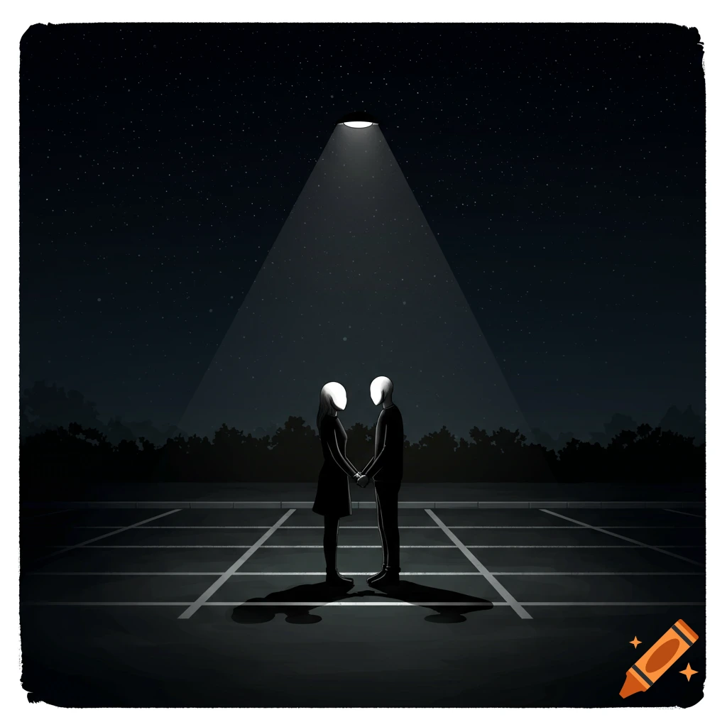 Illustration of two faceless figures holding hands under a street light in a dark parking lot at night.