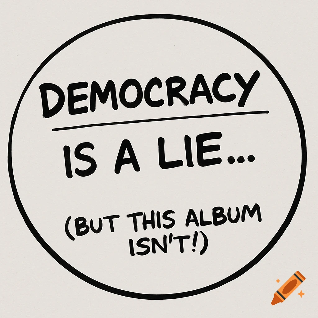 Black and white circular graphic with text: 'DEMOCRACY IS A LIE... (BUT THIS ALBUM ISN'T!)'