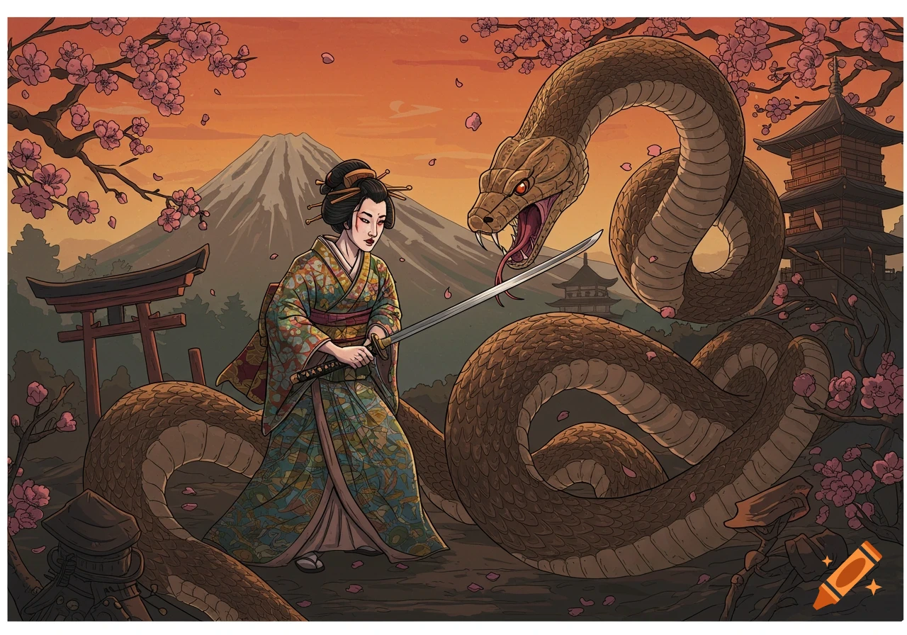 A geisha with a sword fights a giant snake in a stylized Japanese landscape with Mount Fuji and cherry blossoms.
