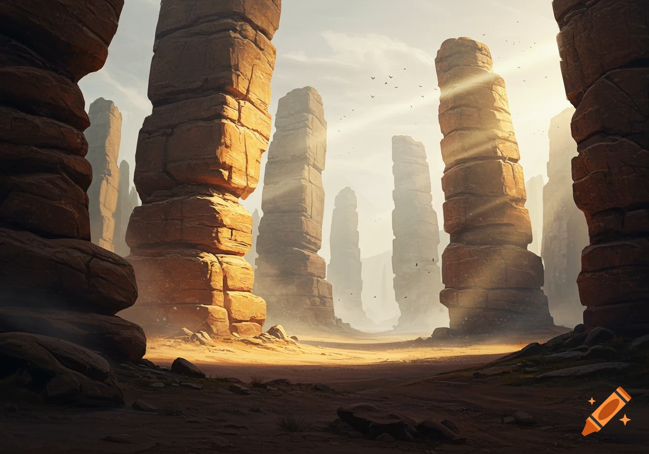 Large rock pillars stand in a sunlit, dusty desert valley with birds flying.