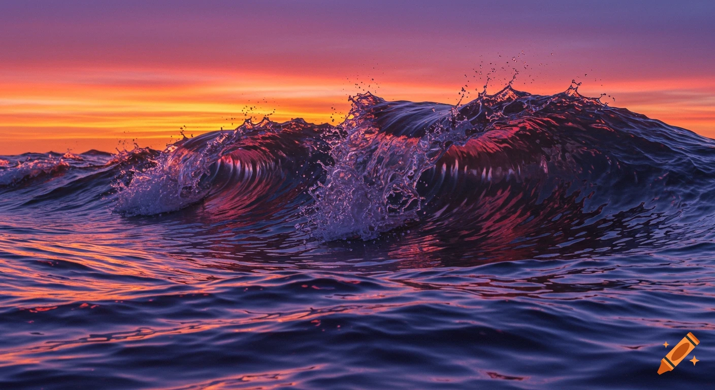Close-up of large ocean waves reflecting vibrant orange and purple sunset colors.