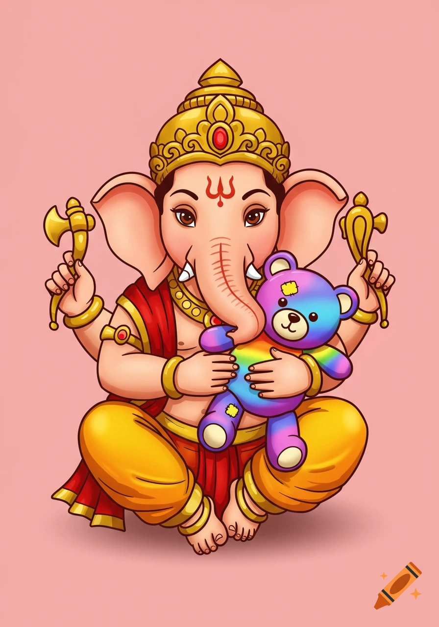 Cartoon illustration of Ganesha holding a rainbow teddy bear on a pink background.