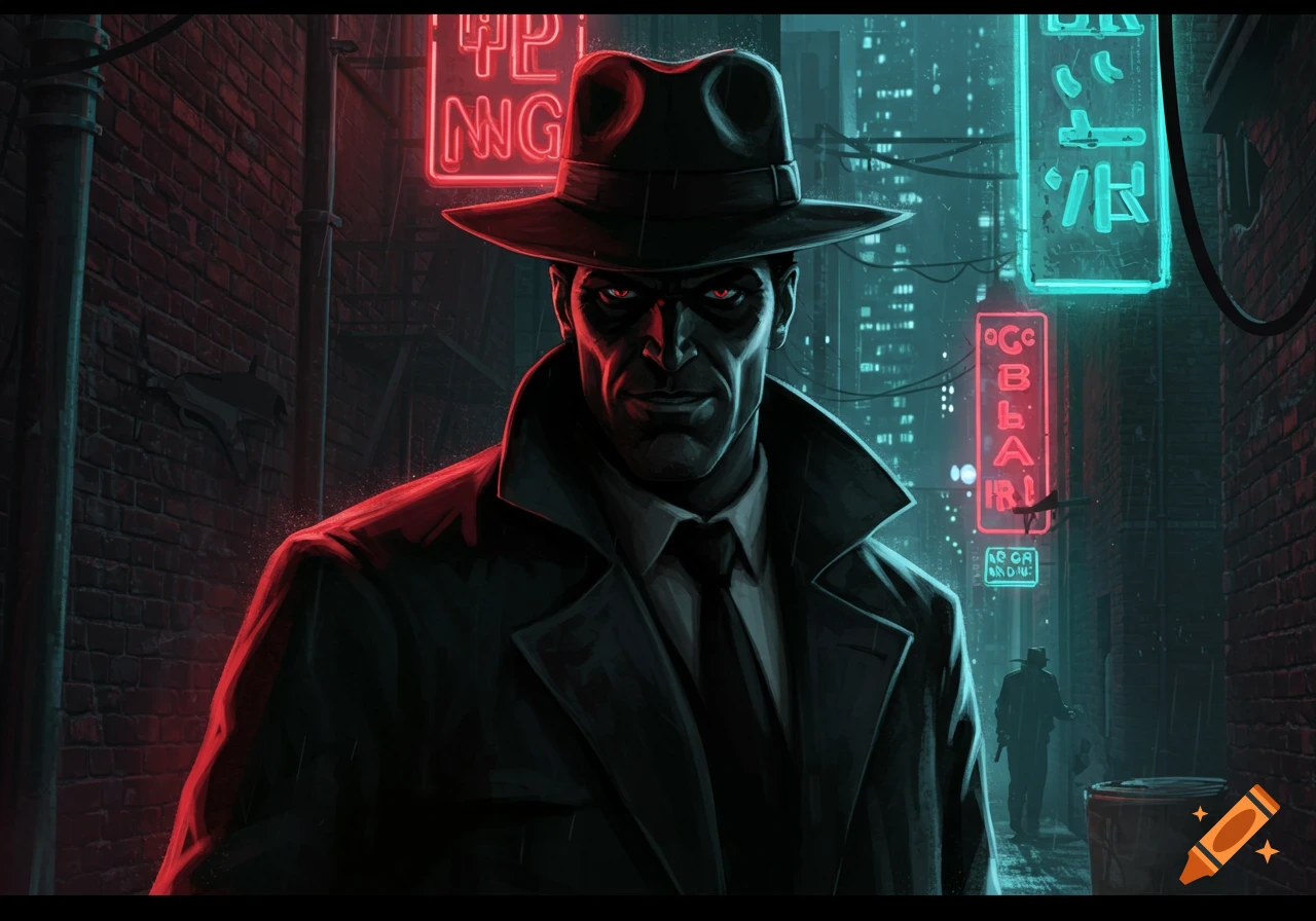 A stylized figure in a fedora and trench coat stands in a dark, rainy city alley illuminated by neon signs.