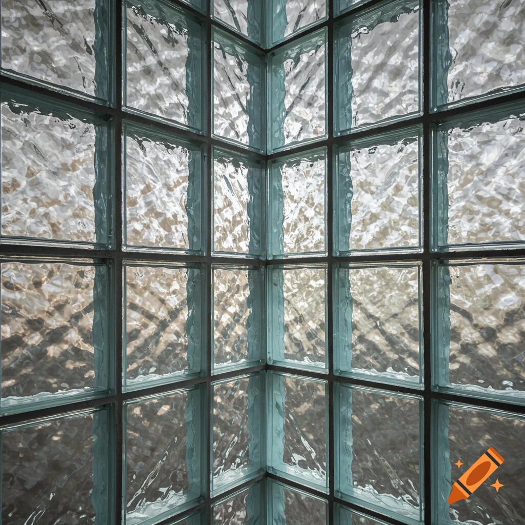 Close-up view of the corner where two walls of textured glass bricks meet, with light filtering through.