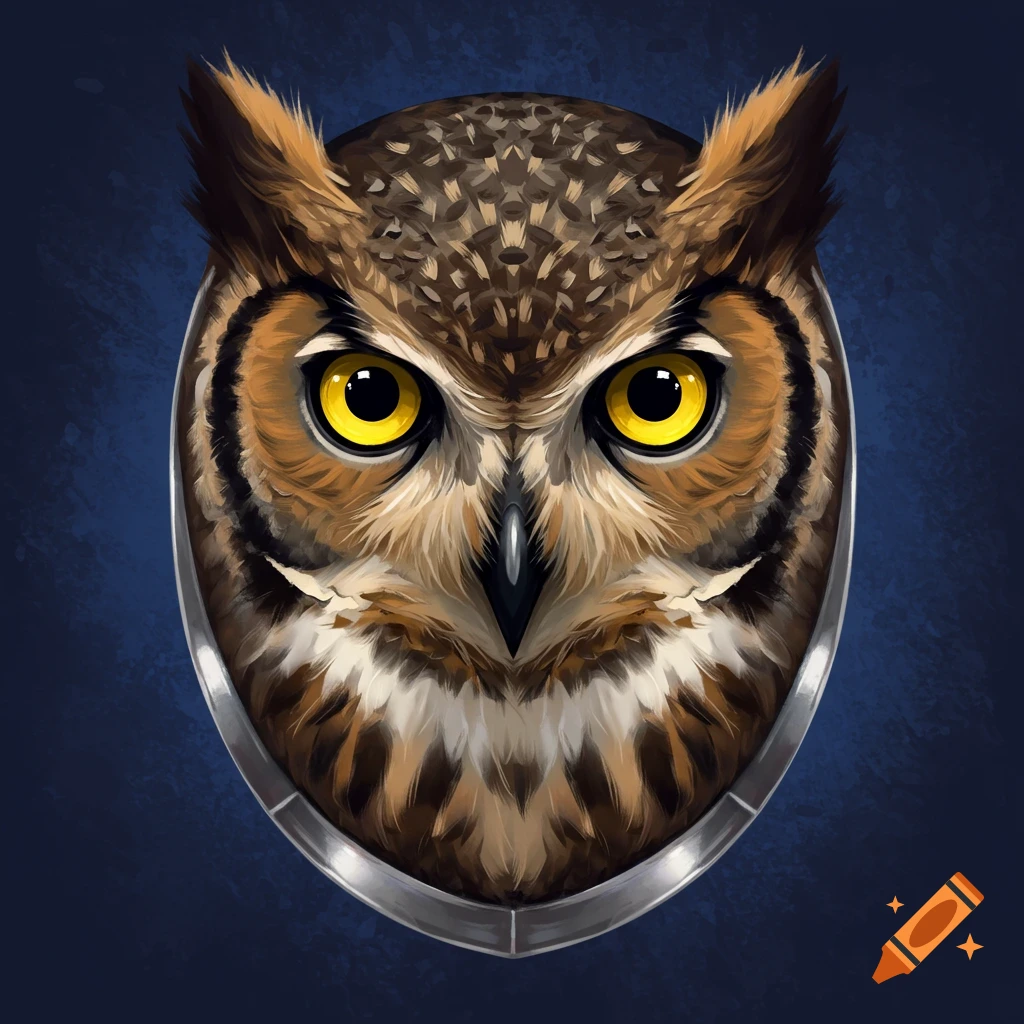 Close-up digital painting of a great horned owl's face forming a fencing mask.