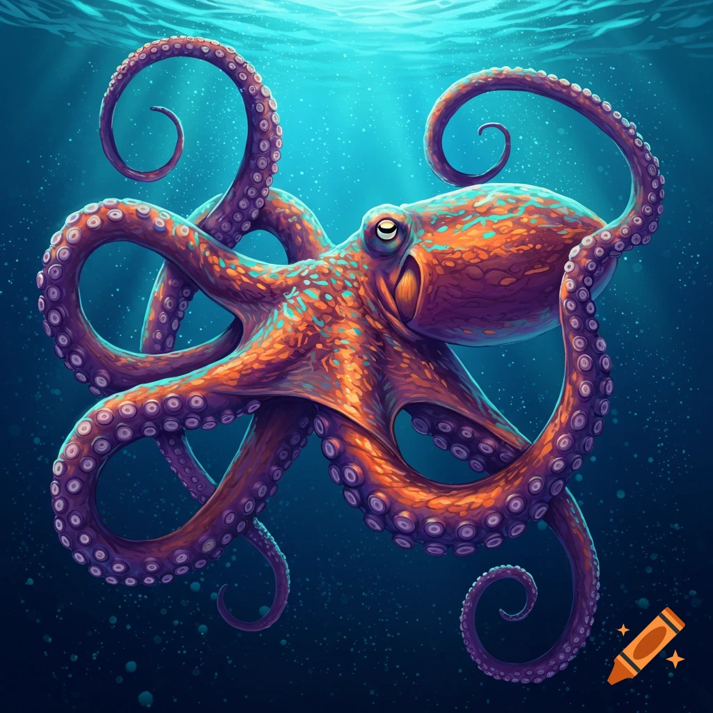An illustration of a brightly colored octopus underwater.