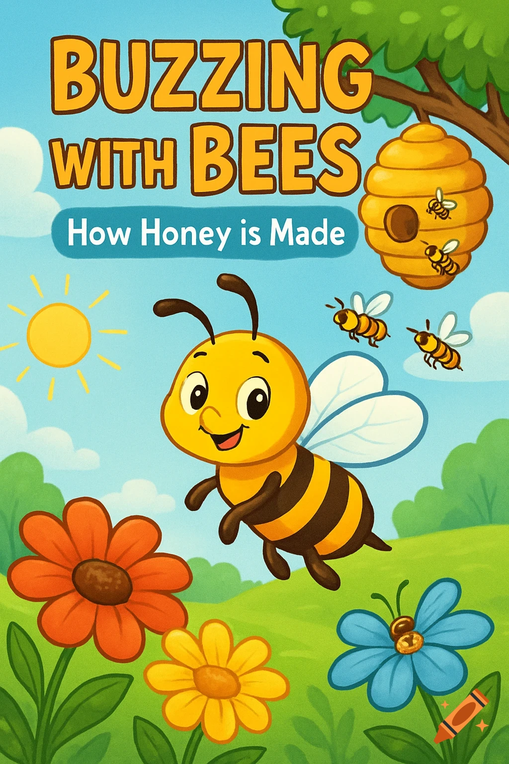 Cartoon illustration of a friendly bee flying near flowers and a beehive, with text 'Buzzing with Bees: How Honey is Made'.