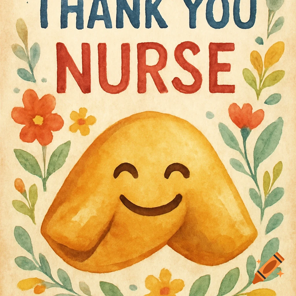 Watercolor card featuring a smiling fortune cookie surrounded by flowers, text above reads "THANK YOU NURSE".