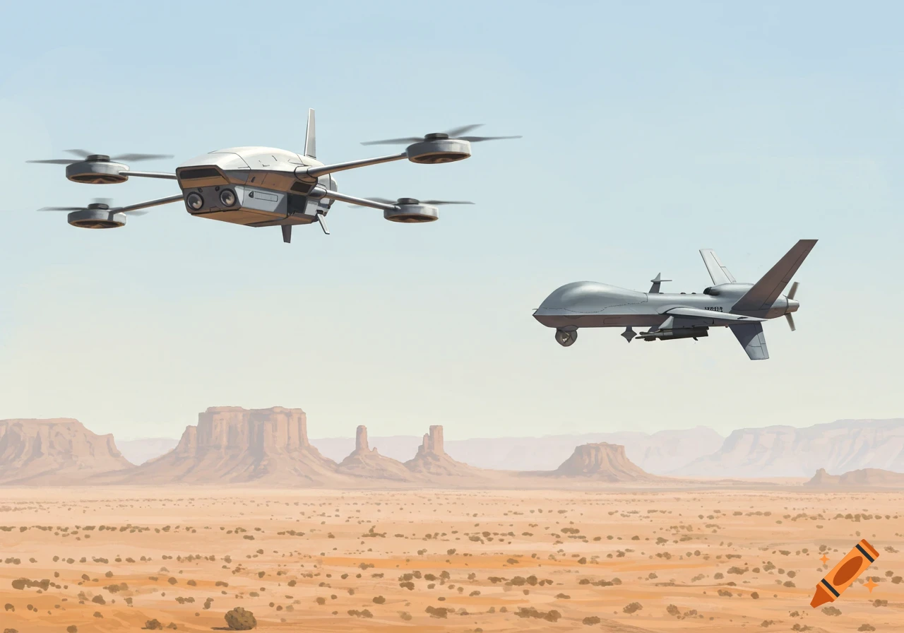 An illustration of a quadcopter drone flying near a Predator aircraft over a desert landscape with mesas.