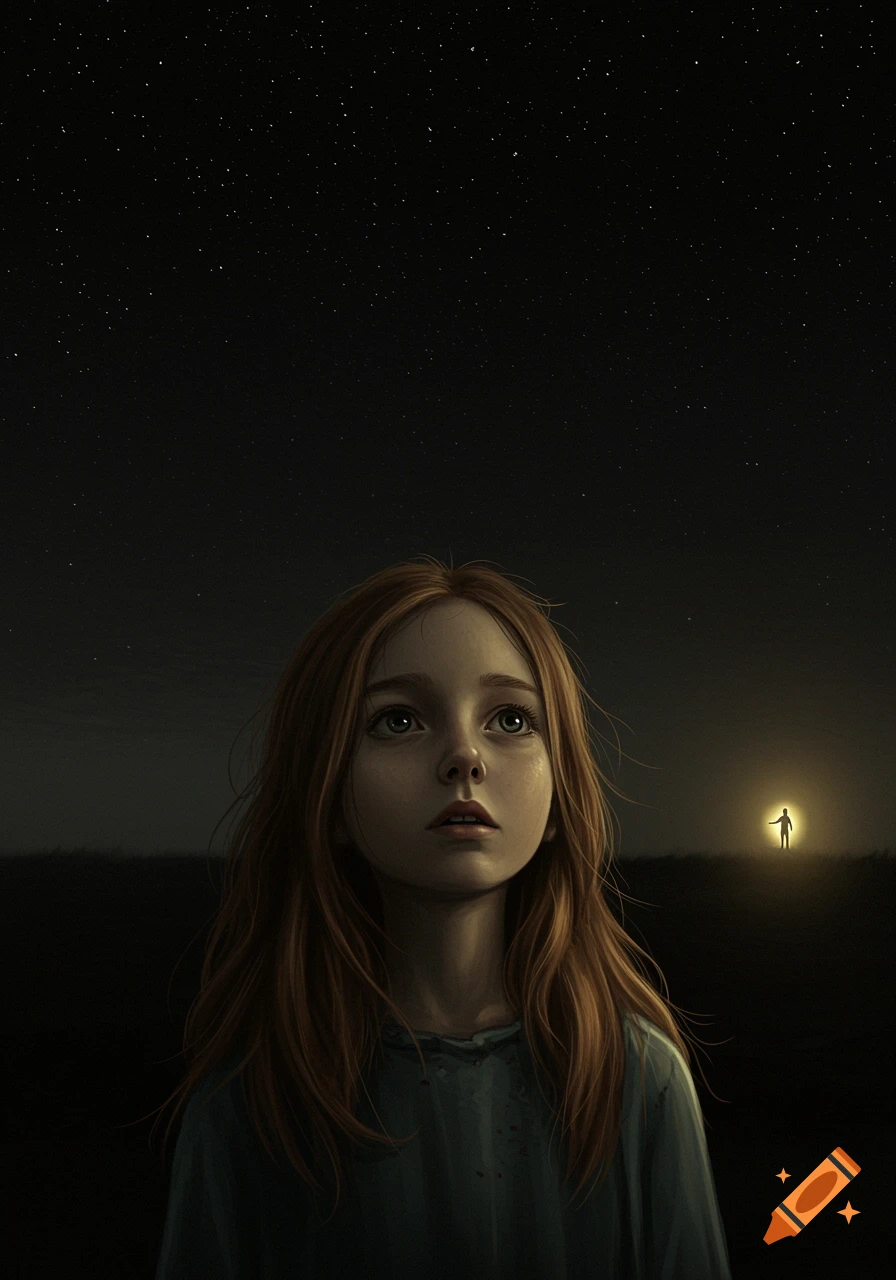 A young girl looks up at a starry night sky, with a glowing figure visible in the distance.