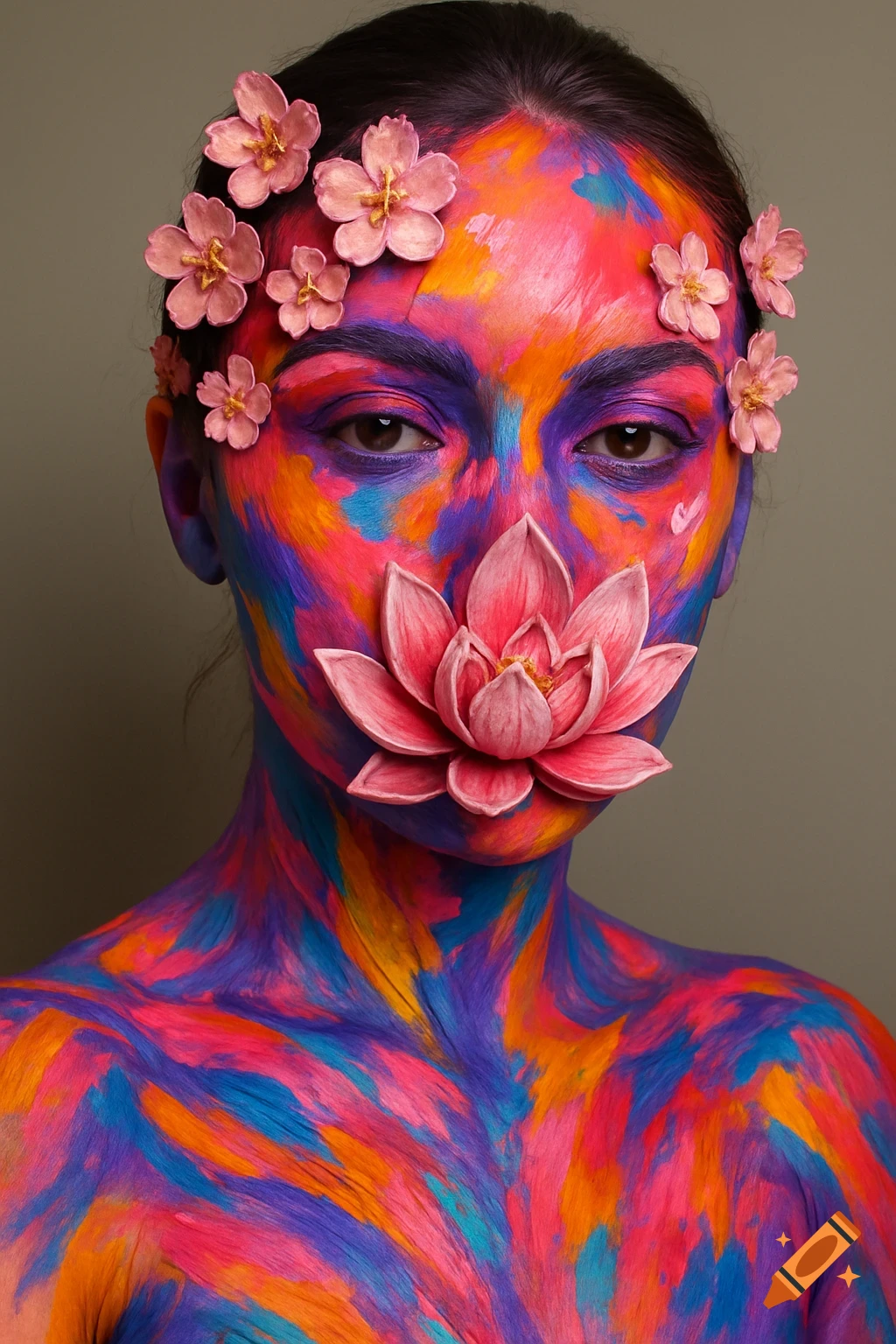 A person with vibrant body paint and 3D flowers on their face and shoulder.