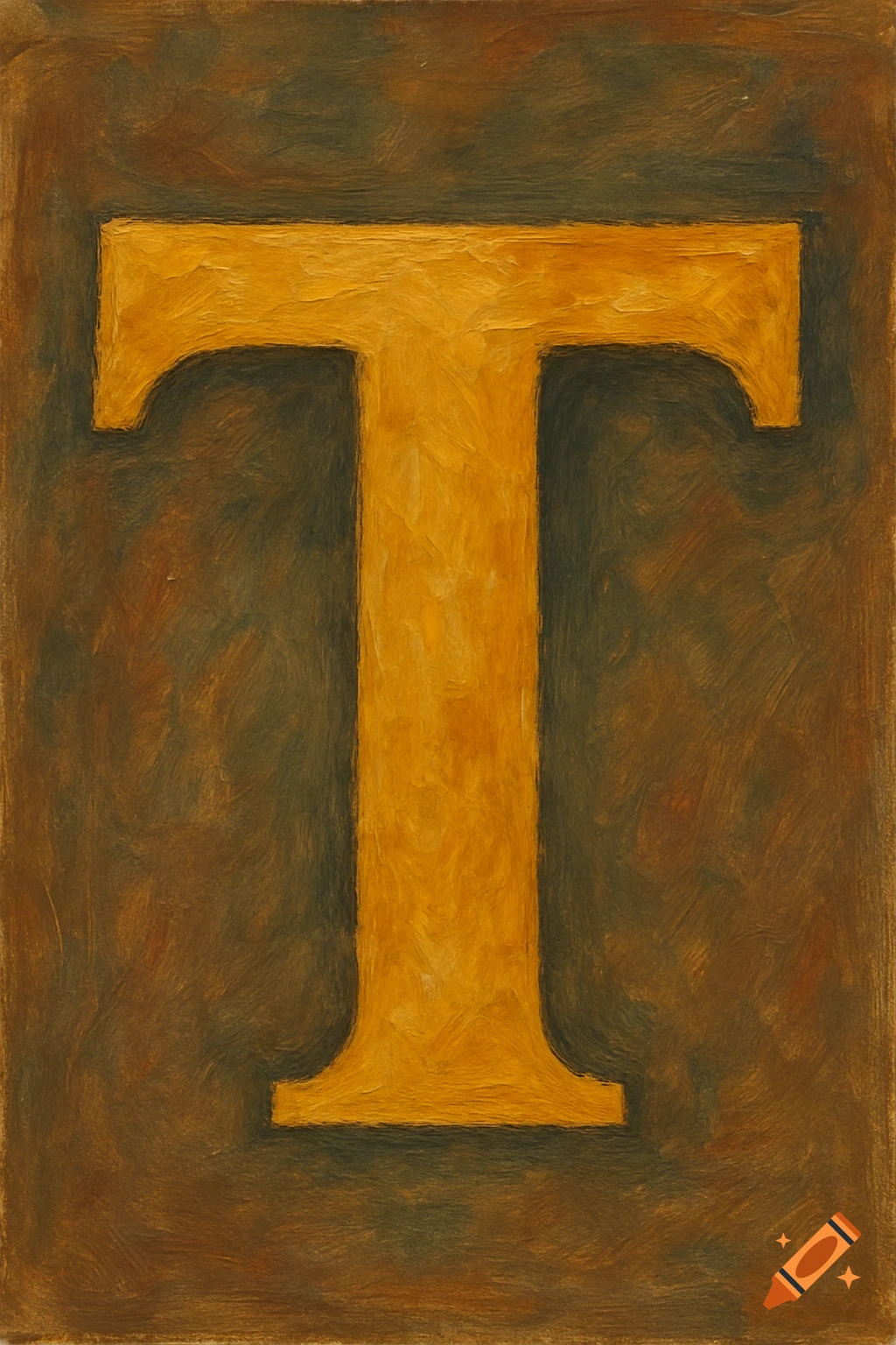 Large yellow capital T rendered in thick impasto paint on a dark background.