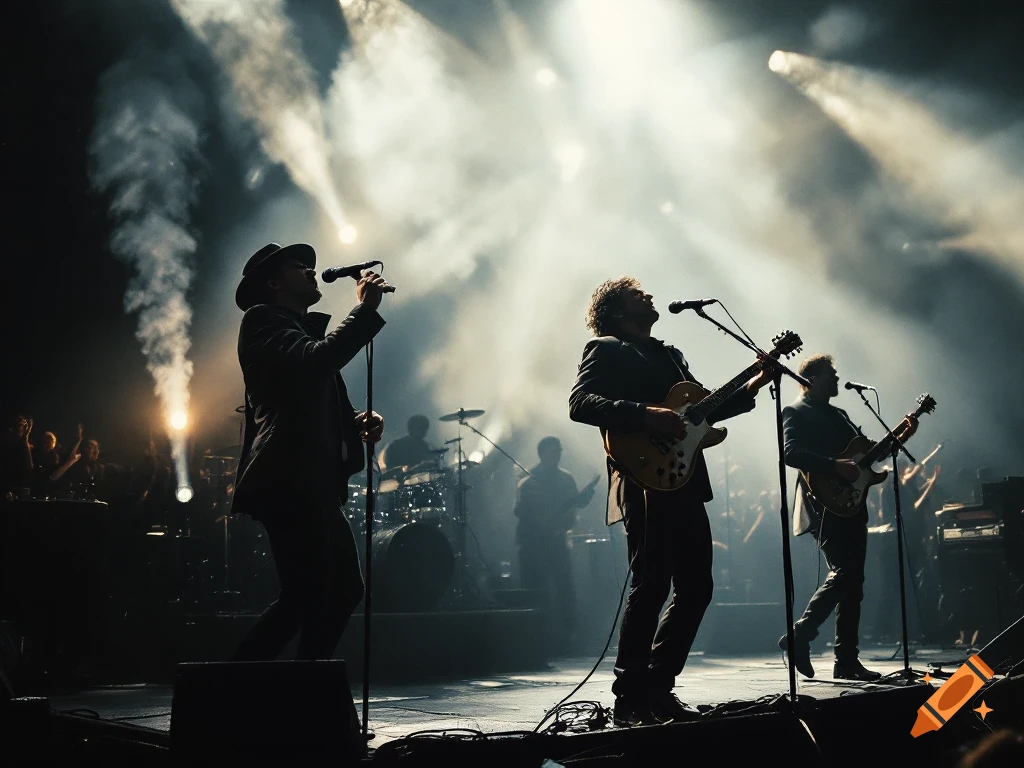 A band performs on stage with dramatic lighting and smoke effects.