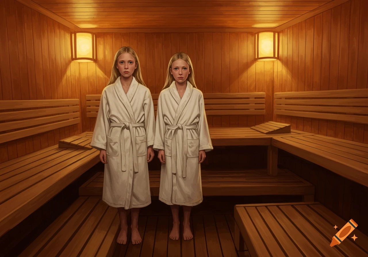 Twin girls in white bathrobes stand in a wooden sauna room.