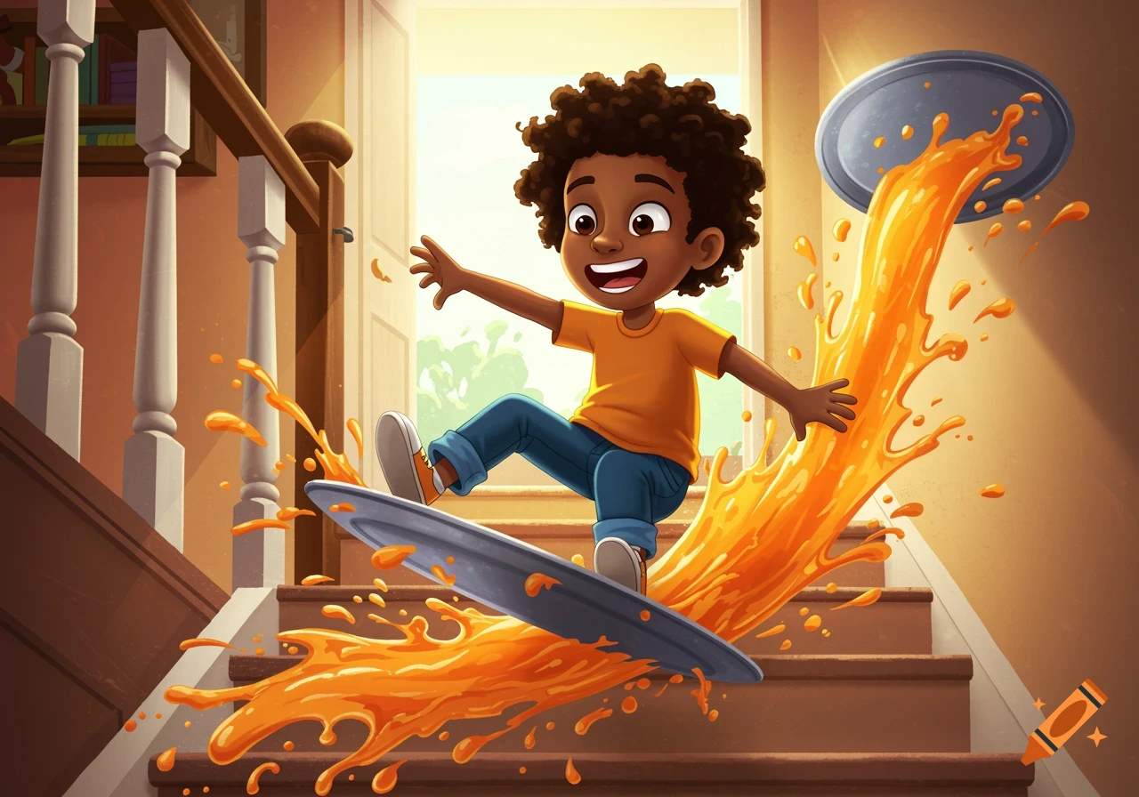 Cartoon illustration of a Black boy sliding down stairs on a tray with splashing orange juice.