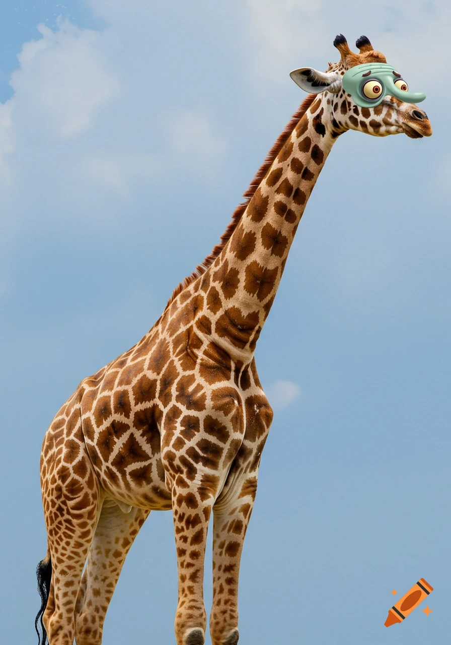 A giraffe wearing a cartoon face mask