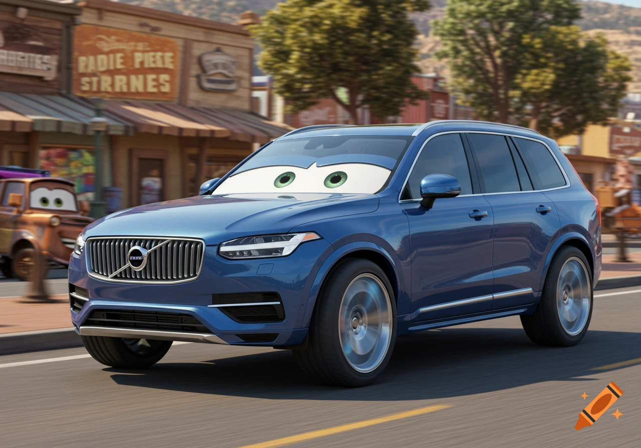 Blue Volvo XC90 car with eyes on the windshield driving through a town in Pixar style.