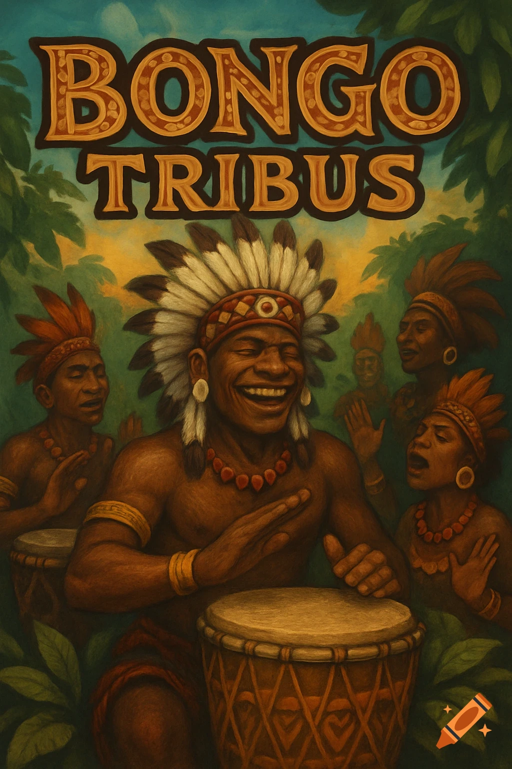 Illustrative painting of tribal people playing drums with the text 'BONGO TRIBUS' above.