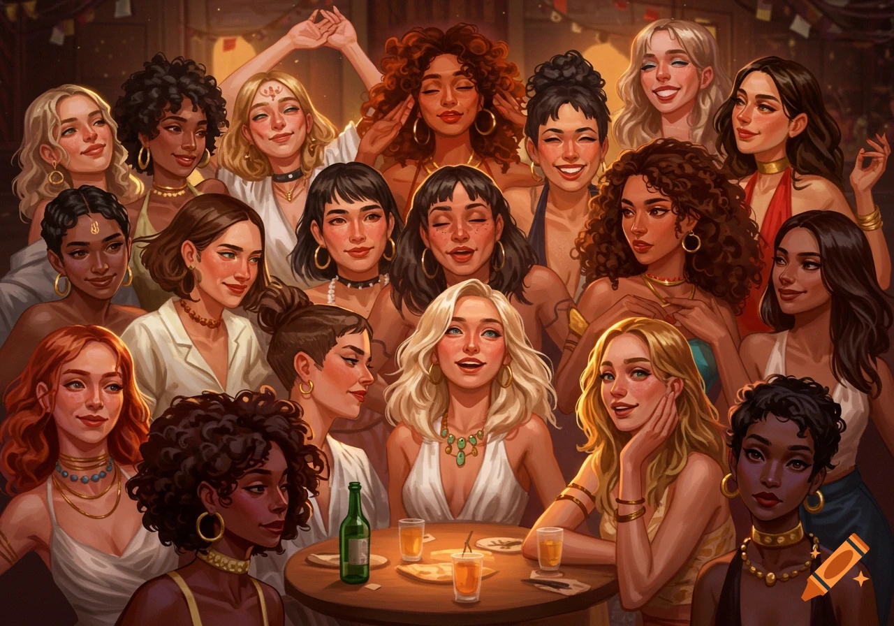 Illustrative painting of a large group of diverse women gathered around a table with drinks.