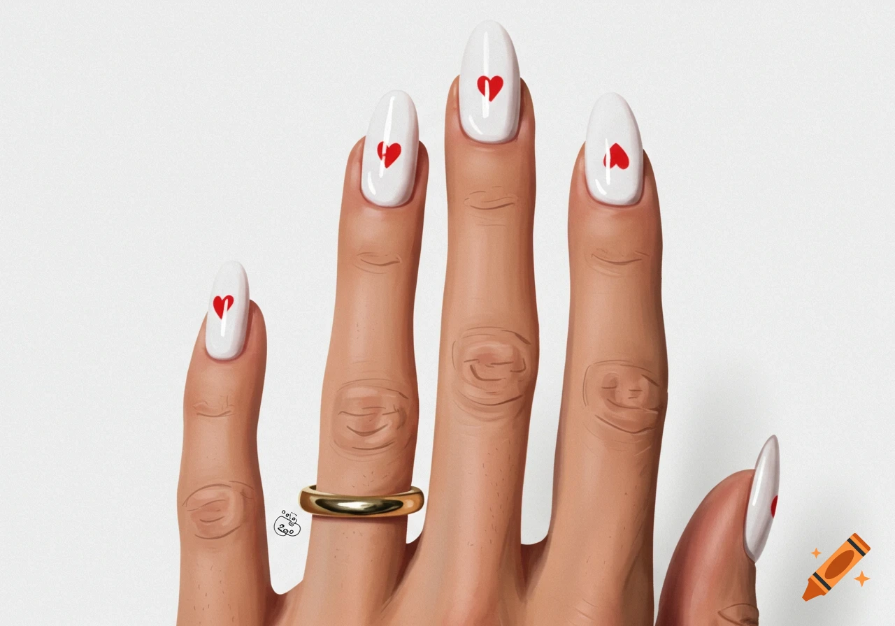 Illustration of a hand with white nails painted with red hearts and a gold ring on the ring finger.