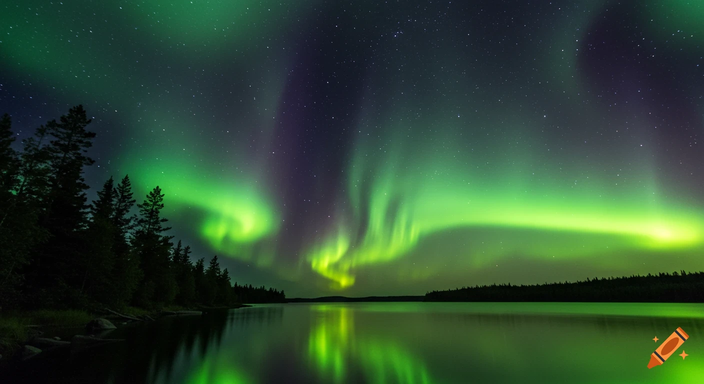 Green and purple aurora borealis over a lake with a forest on the shore, reflecting in the water under a starry sky.