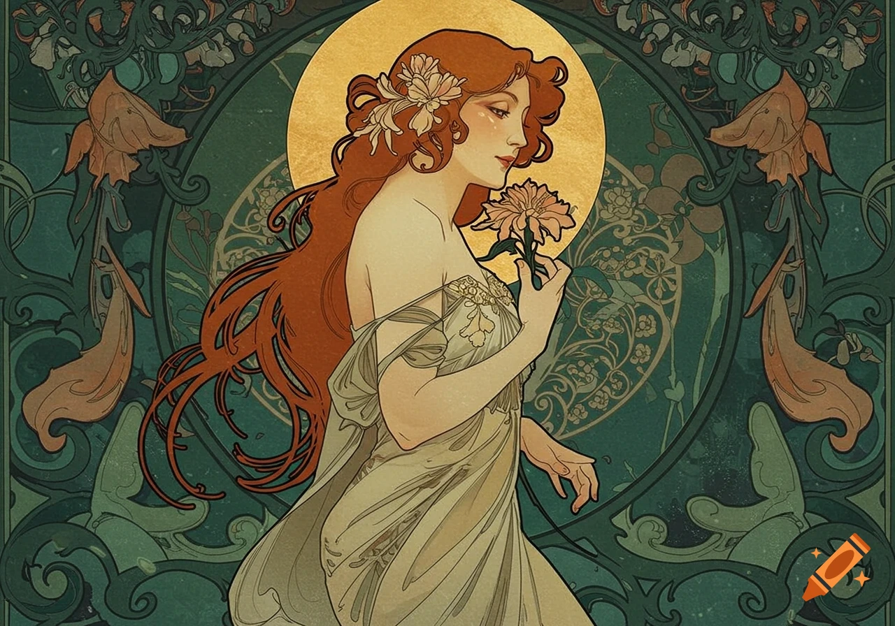 An Art Nouveau illustration of a woman with flowing red hair holding a flower against a decorative green and gold background.