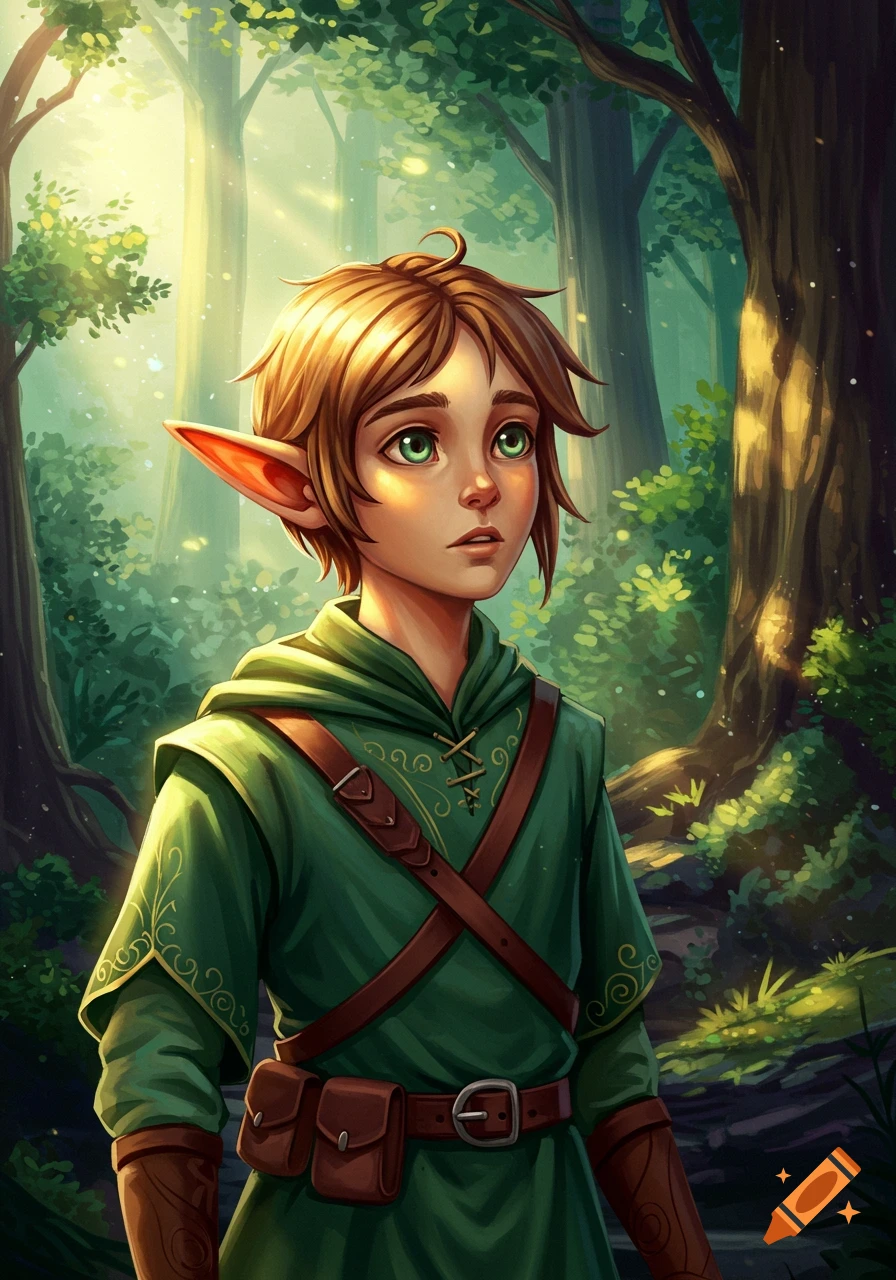 A young elf with pointy ears and green eyes, wearing green clothes ...