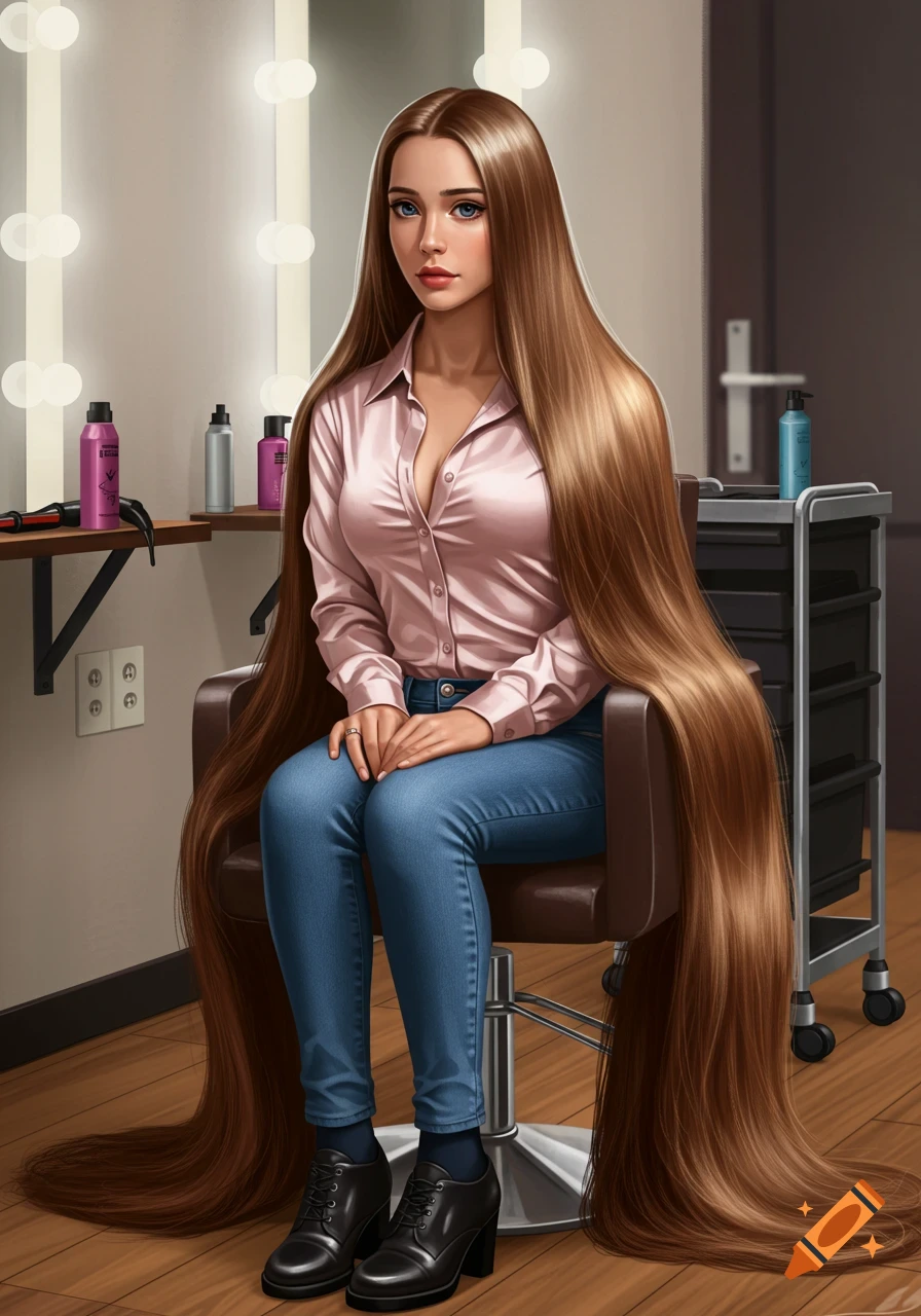 A woman with incredibly long brown hair sits in a salon chair in a realistic style.