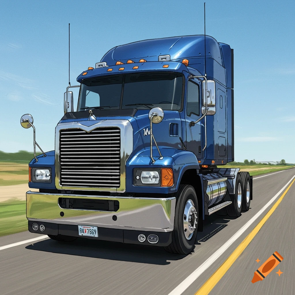 Stylized illustration of a blue semi-trailer truck driving on a highway.