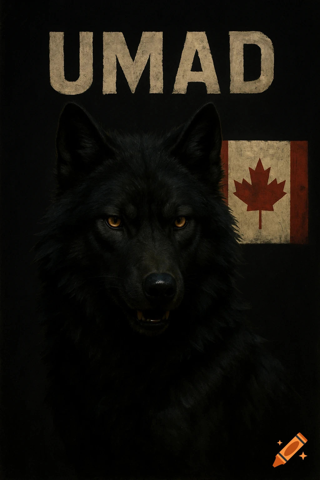 A black wolf with yellow eyes, the word UMAD above, and a Canadian flag on a black background.