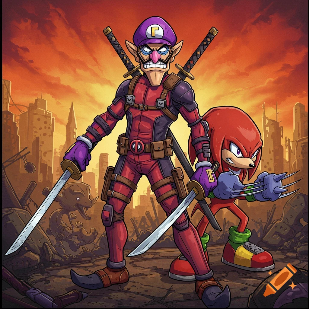 Cartoon of Waluigi as Deadpool and Knuckles as Wolverine in a ruined city with weapons.