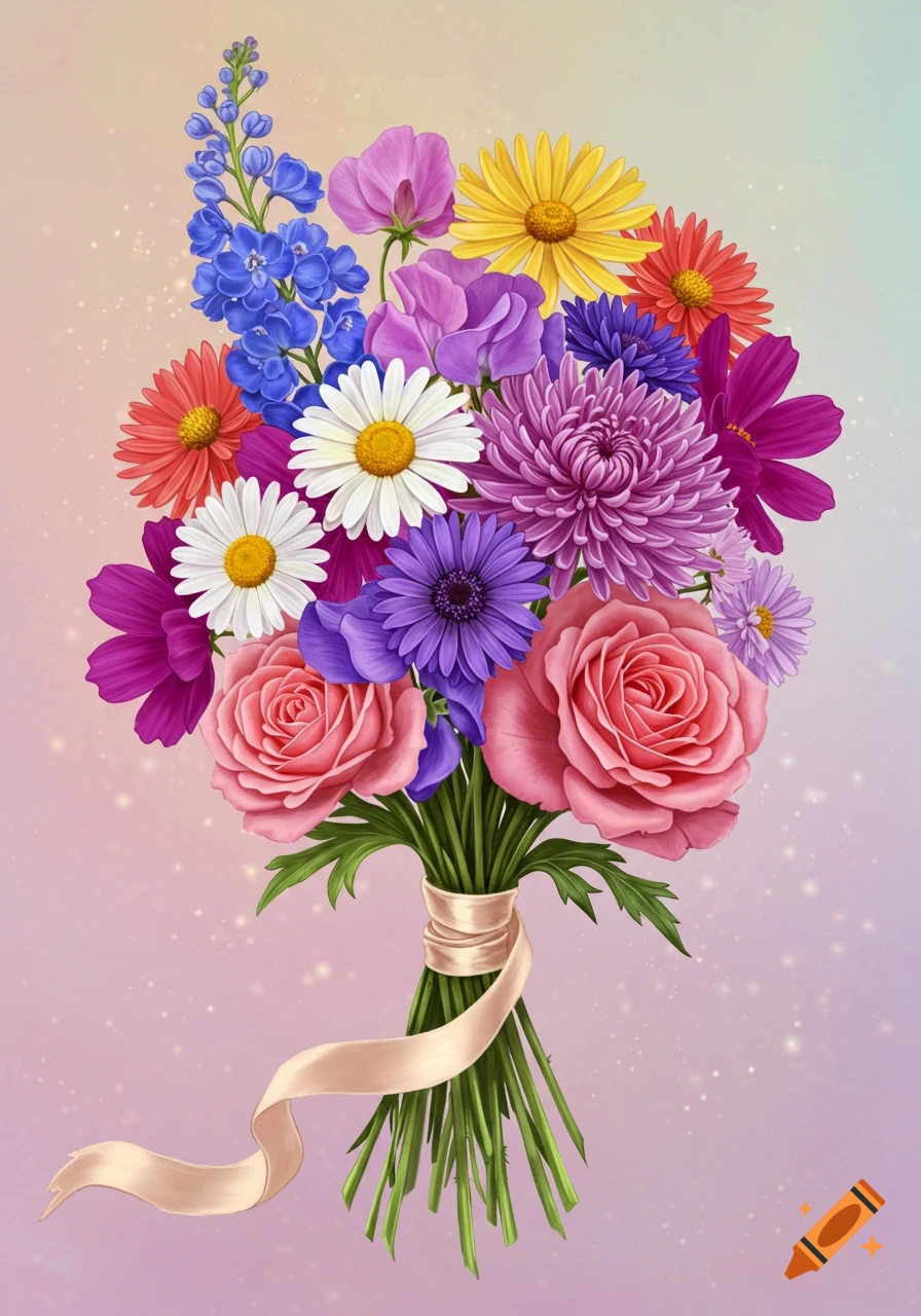 A vibrant illustration of a flower bouquet featuring roses, daisies, chrysanthemums, asters, larkspur, sweet peas, and cosmos tied with a ribbon.